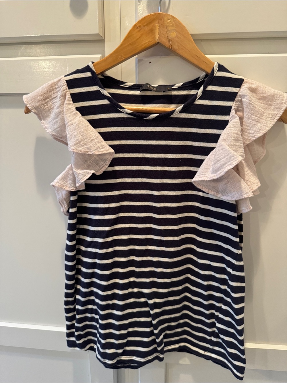 THML Navy and White Striped Ruffle Sleeve Tank with Light Pink Flutter